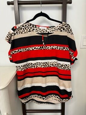 Calvin Klein Red, Black & Neutral Striped Leopard Print Blouse. Size L.